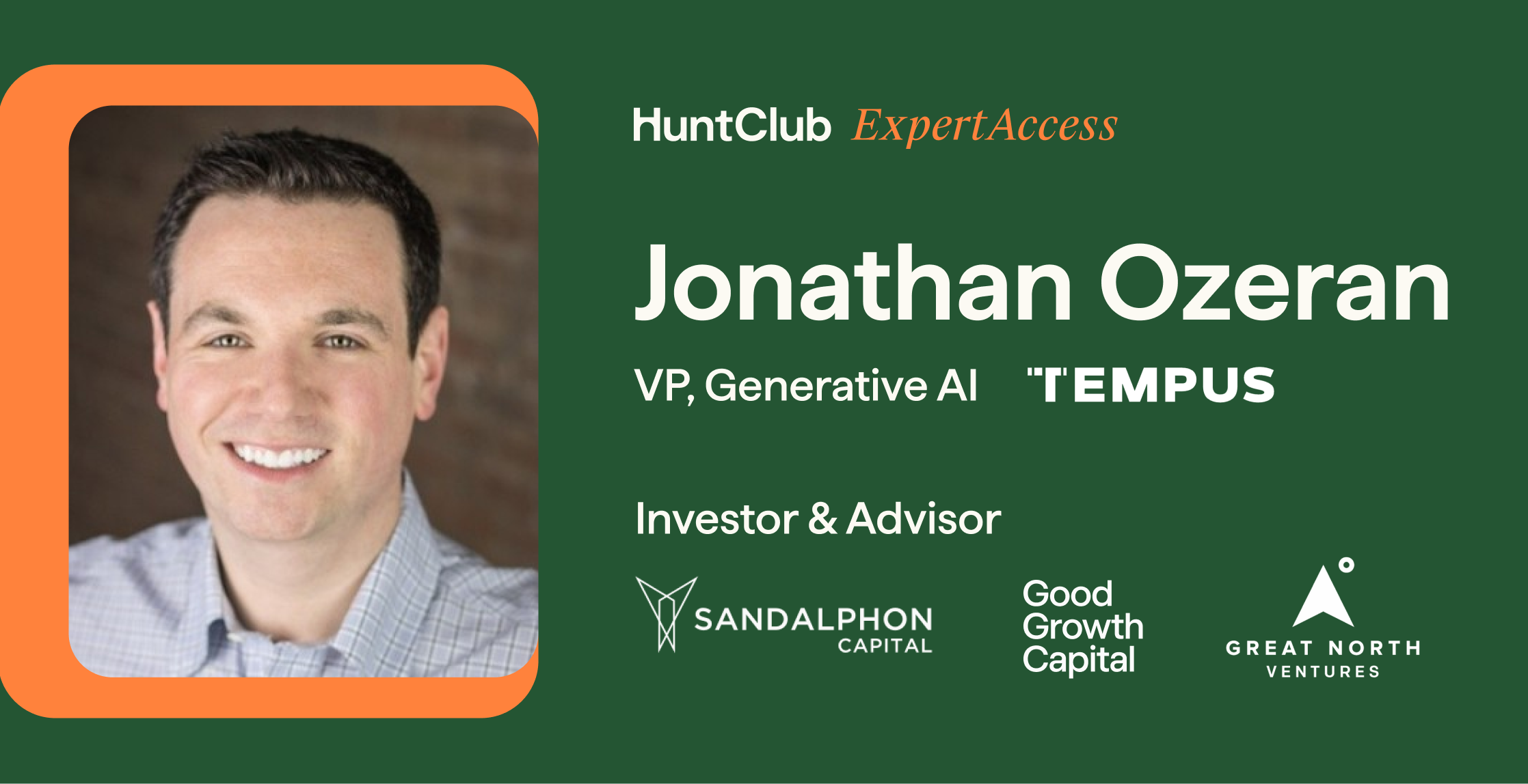 Hunt Club branded banner of Jonathan Ozeran, his headshot, and logos of companies